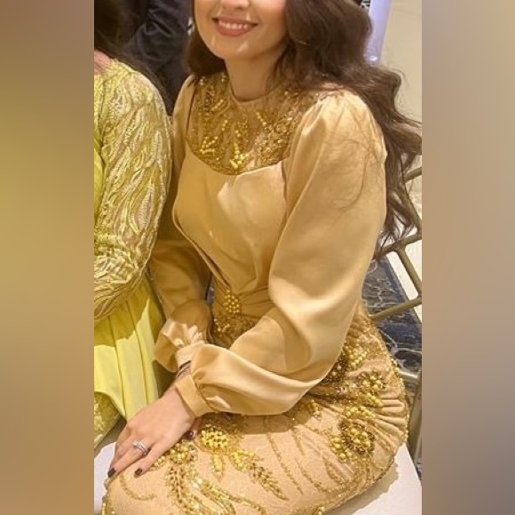 Long modest beaded gown. Fits 2/4. Custom made. Only worn once for a few hours. - Picture 1 of 3